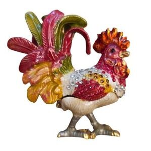Bejeweled Rooster Trinket Box Enameled Rhinestone Hinged Figurine Red Farmhouse